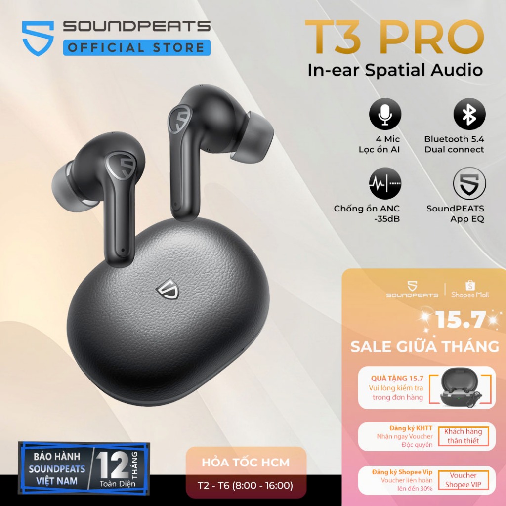Tai nghe True Wireless SoundPEATS T3 Pro ANC Spatial Audio Bluetooth 5.4