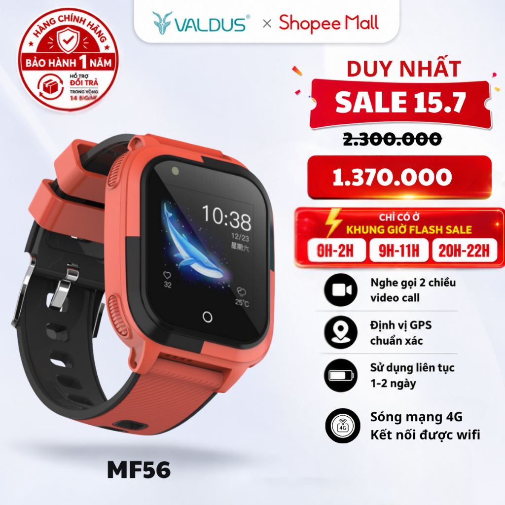 Đồng hồ thông minh trẻ em Valdus MF56 Kid4G gọi videocall định vị kết nối wifi bảo hành 1 năm1năm
