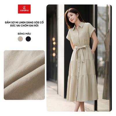 Đầm sơ mi nữ CARDINA chất liệu linen dáng xòe cổ đức vai chờm kèm đai rời 6VXD07