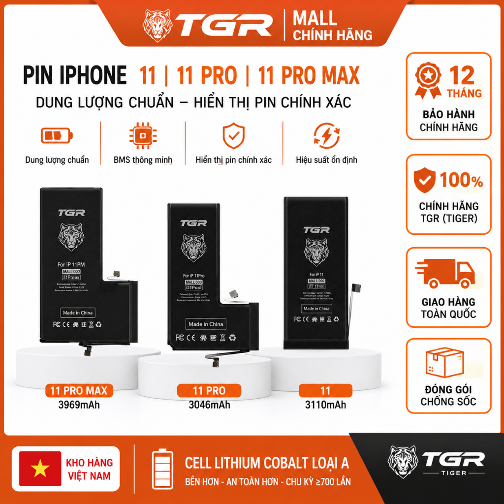TGR Mall Pin iPhone 11 11 Pro 11 Pro Max - Pin Thay Thế Chính Hãng, Dung Lượng Chuẩn, Hiển Thị Pin C