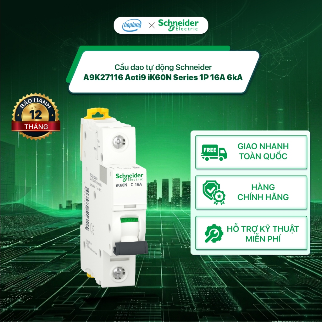 Cầu dao tự động Schneider A9K27116 Acti9 iK60N Series 1P 16A 6kA - Aptomat bảo vệ quá tải ngắn mạch