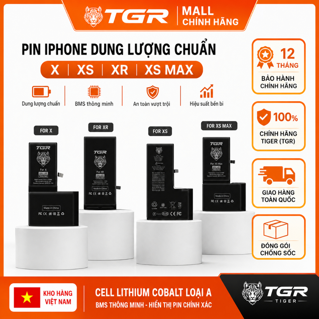 TGR Mall Pin iPhone X XS XR XS Max Chính Hãng - Dung Lượng Chuẩn, Pin Thay Thế BMS Cao Cấp, BH 12 Th