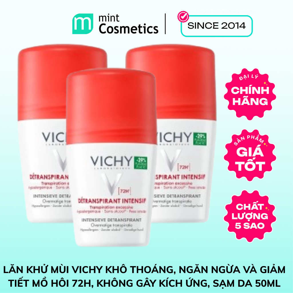 Lăn khử mùi Vichy khô thoáng, ngăn ngừa và giảm tiết mồ hôi 72H, không gây kích ứng, sạm da 50ml