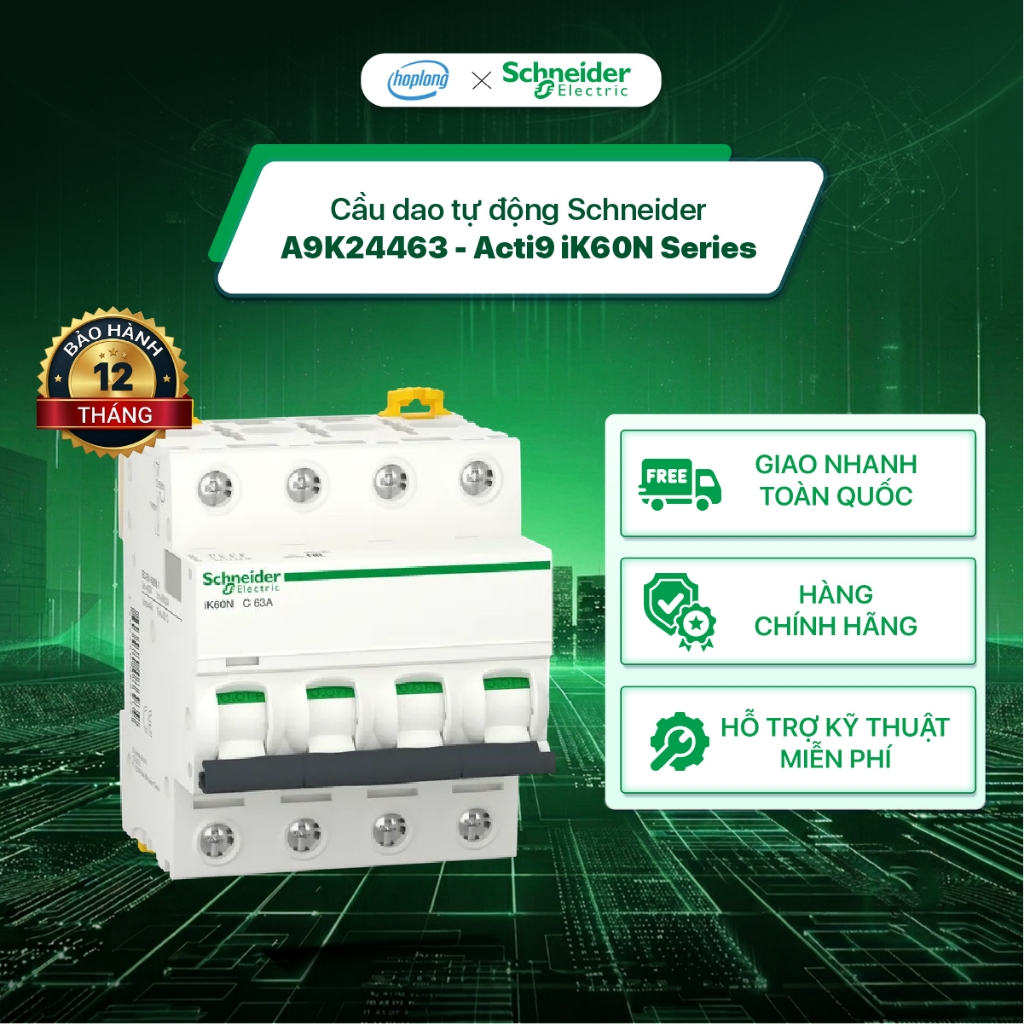 Cầu dao tự động Schneider A9K24463 - Acti9 iK60N Series - 4P - 6kA - Aptomat MCB