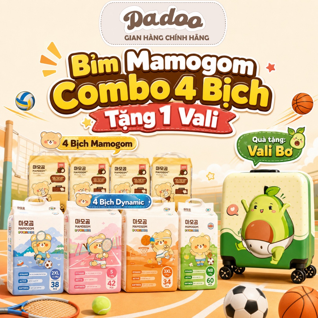 [ Tã/Bỉm MAMOGOM ] Combo 4 Bịch dùng một lần - đủ size Quần và Dán cho bé - Tặng 1 vali