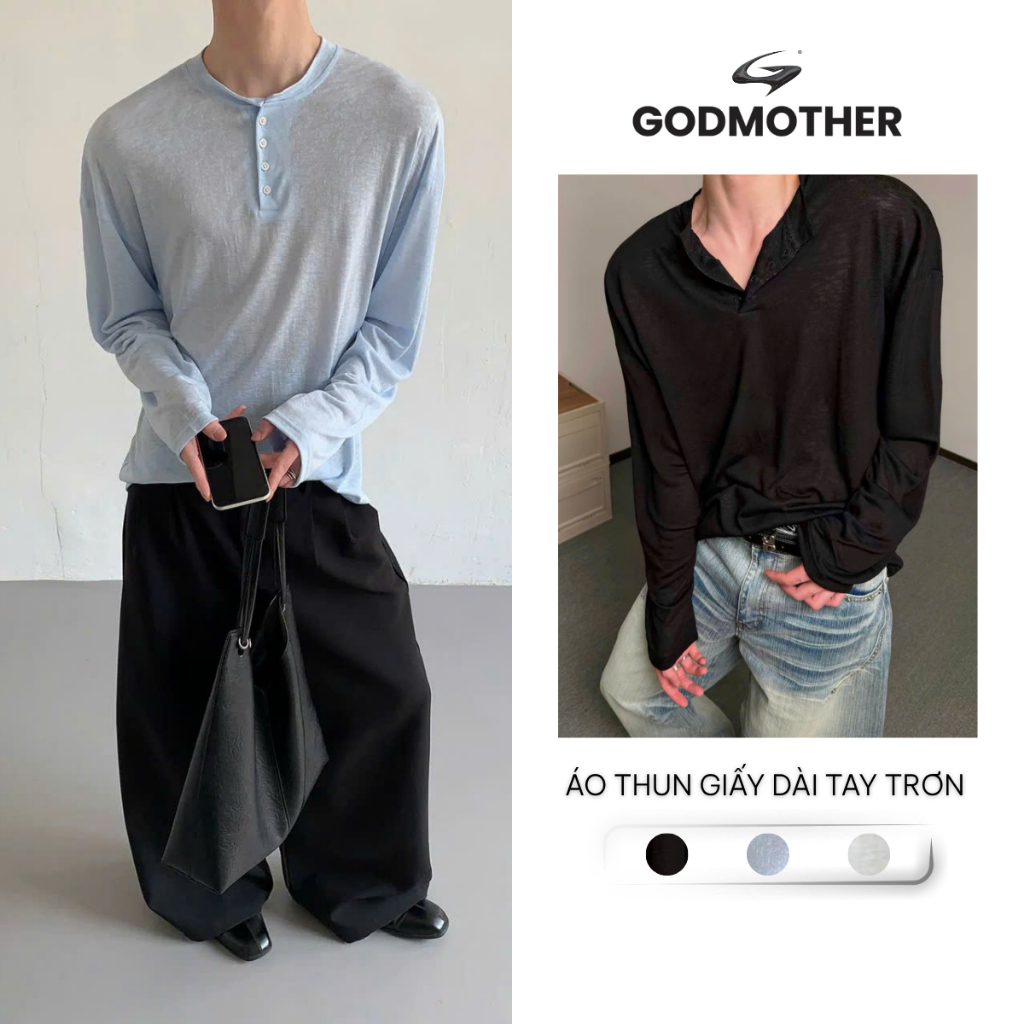 Áo Thun Giấy Trơn Dài Tay GODMOTHER Phối Cúc Form Rộng Chất Liệu Mỏng Nhẹ Co Giãn Thoáng Mát ADS26003