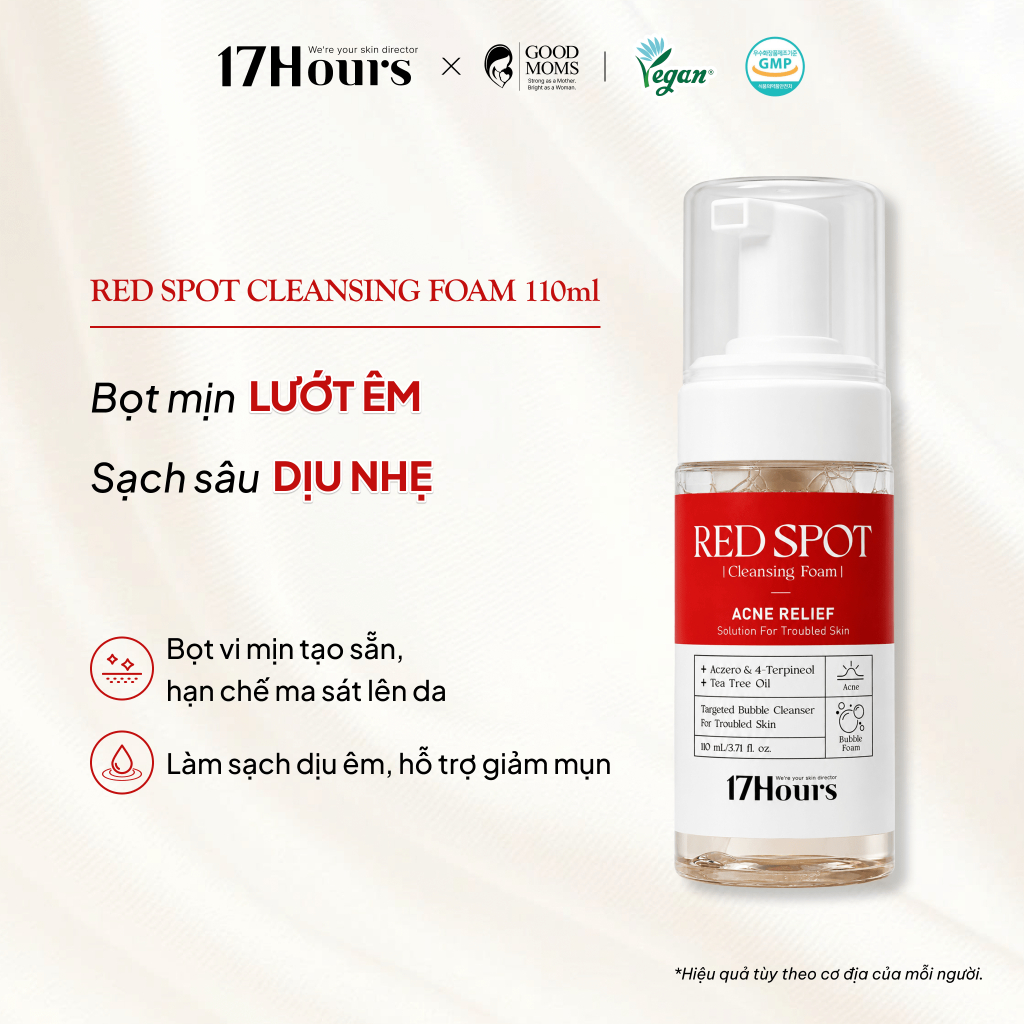 Sữa rửa mặt tạo bọt sẵn 17Hours Red Spot Cleansing Foam 110ml, thuần chay, chiết xuất tràm trà, dịu 