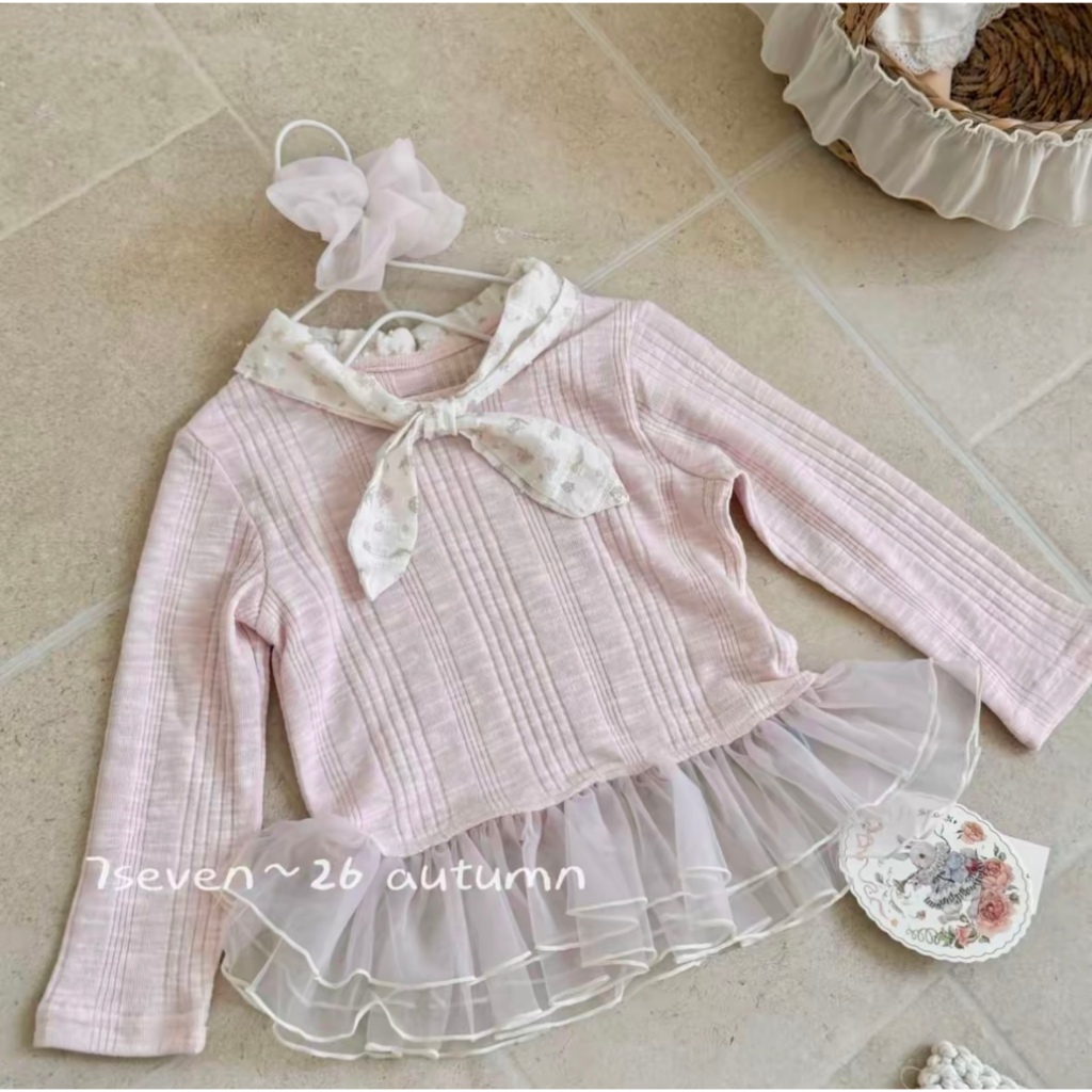 Munmun Baby Shop- Áo Sweet Blouse 7Seven chất liệu len tăm mềm mại, màu hồng Pastel phối voan lưới b