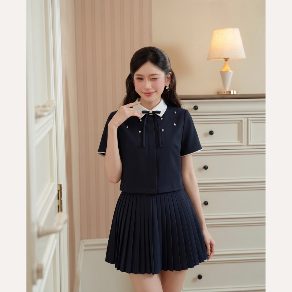 Áo nữ phối cổ nơ đính đá hoa tiểu thư, Áo chất tuýt si mềm mại thanh lịch đi làm đi chơi Linly Store A-KIE43 | BigBuy360 - bigbuy360.vn