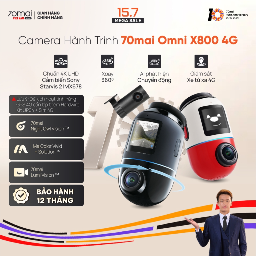 Camera Hành Trình 70mai 4K Omni X800 Công Nghệ AI 2.0 Wifi6 5GHz Giám Sát Từ Xa Thẻ Nhớ 70mai 128GB
