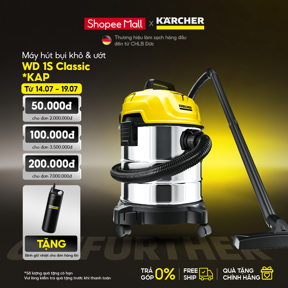 Karcher WD 1S Classic - Máy hút bụi đa năng khô và ướt, dung lượng 18L, trọng lượng 7kg
