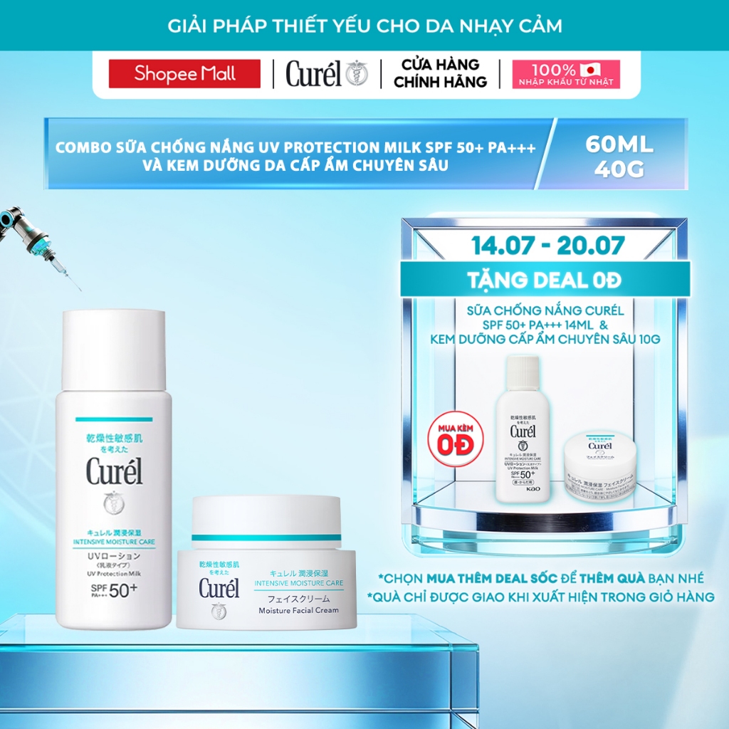 Combo sữa chống nắng Curel UV Protection Milk SPF 50+ PA+++ 60ml và Kem dưỡng da Curel cấp ẩm chuyên