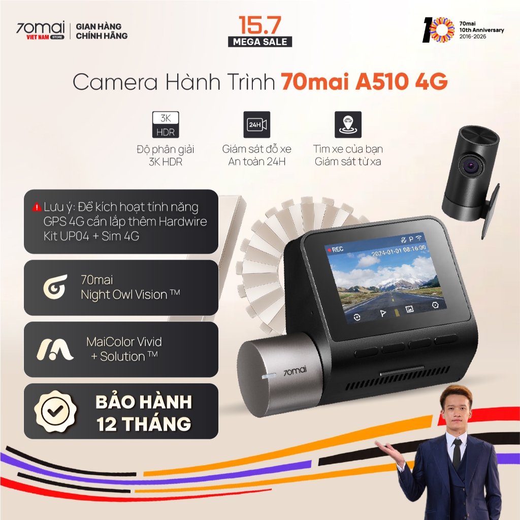 Camera hành trình 70mai A510 4G, 3K HDR Ghi hình đồng thời 2 mắt trước sau sắc nét