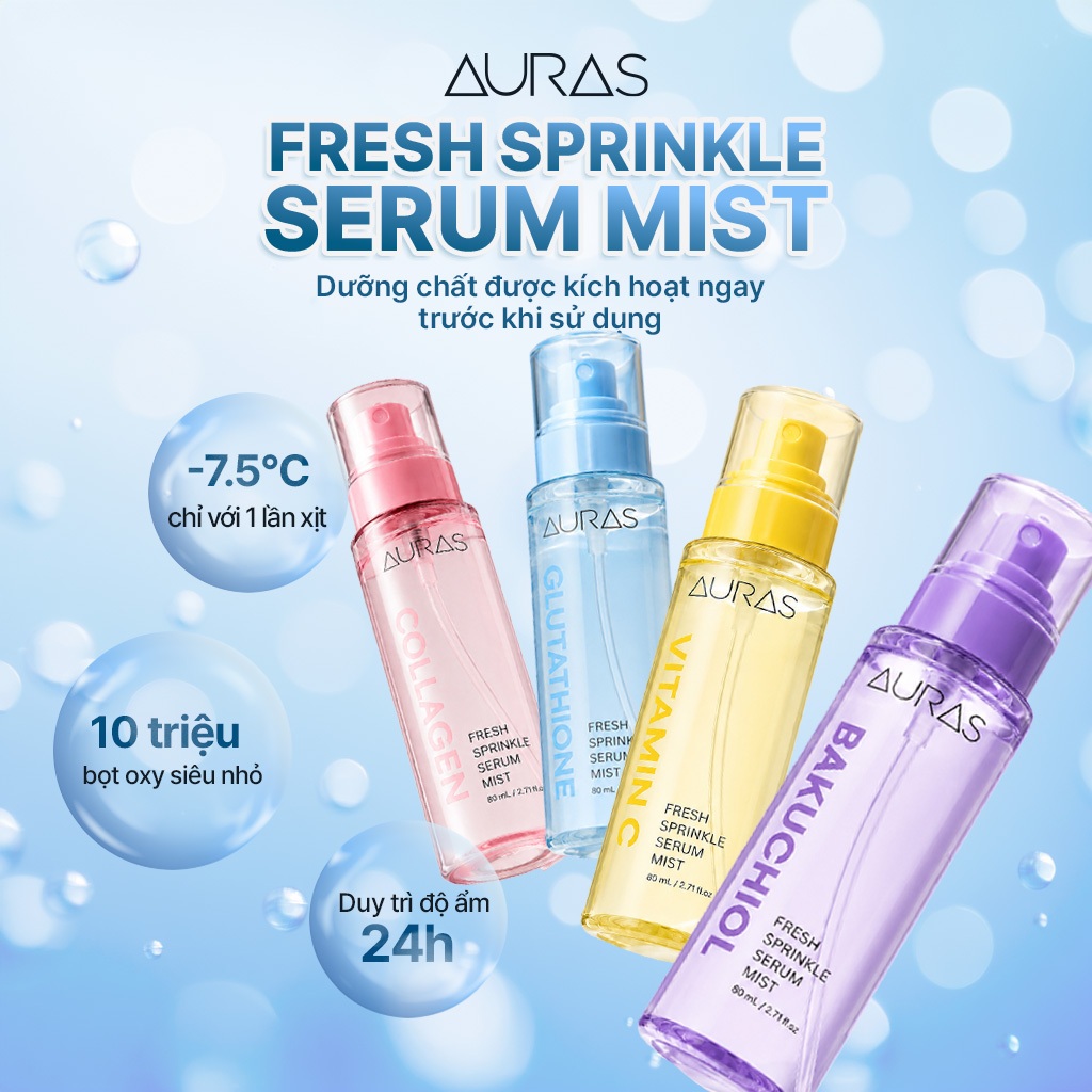 Chai Xịt Dưỡng AURAS Fresh Sprinkle Serum Mist 80ml Hàn Quốc, Cấp Ẩm Cấp Ẩm, Căng Bóng Da
