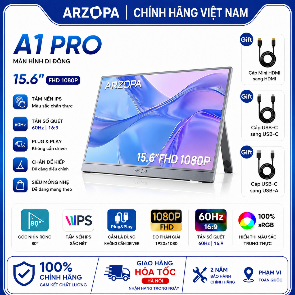 Màn Hình Di Động ARZOPA A1 Pro 15.6" IPS |100% sRGB | Full HD | USB-C HDMI | Chính Hãng