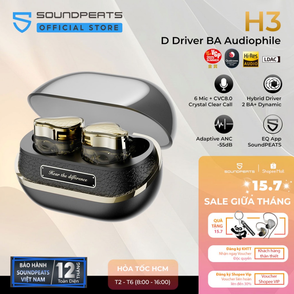 Tai nghe True Wireless SoundPEATS H3 LDAC APTX Lossless | 3 Driver BA Dynamic Bluetooth 5.4