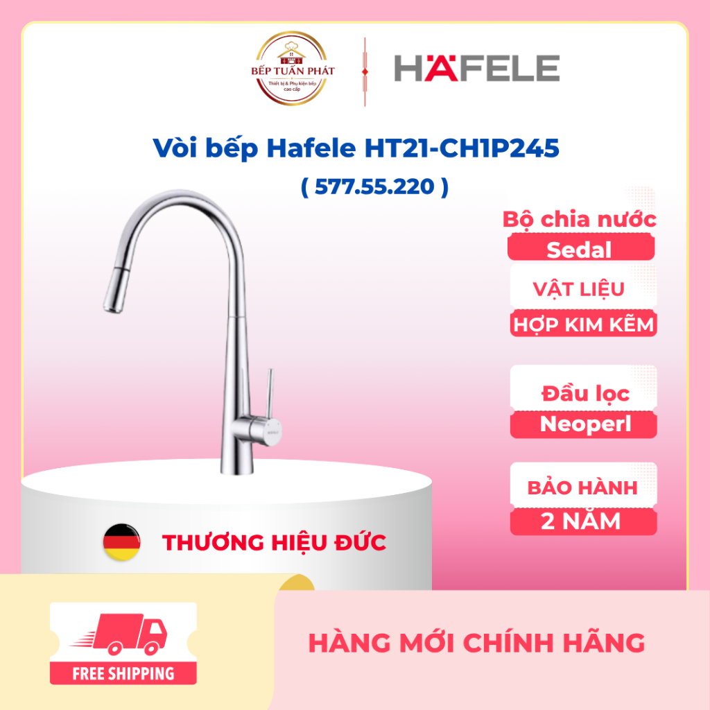 Vòi bếp Hafele HT21-CH1P245 577.55.200 dạng rút xoay 360 độ màu Chrome
