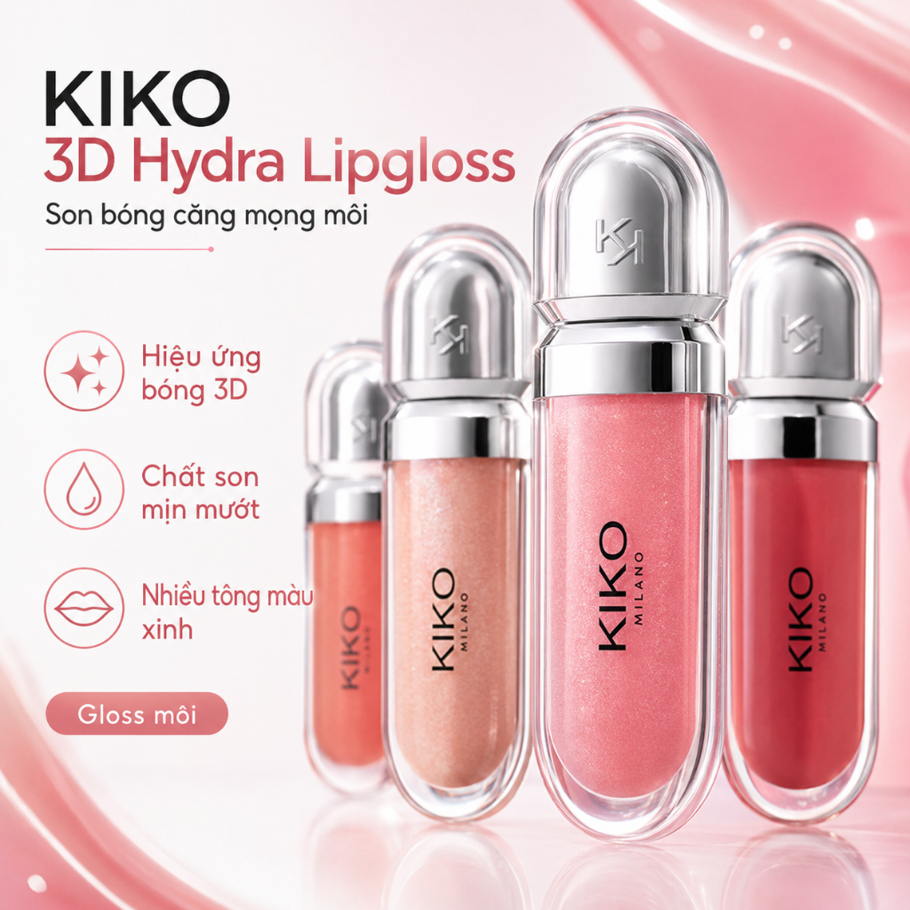 Son bóng KIKO 3D Hydra Lipgloss chính hãng, dưỡng ẩm, tạo hiệu ứng môi căng mọng, nhiều màu đẹp