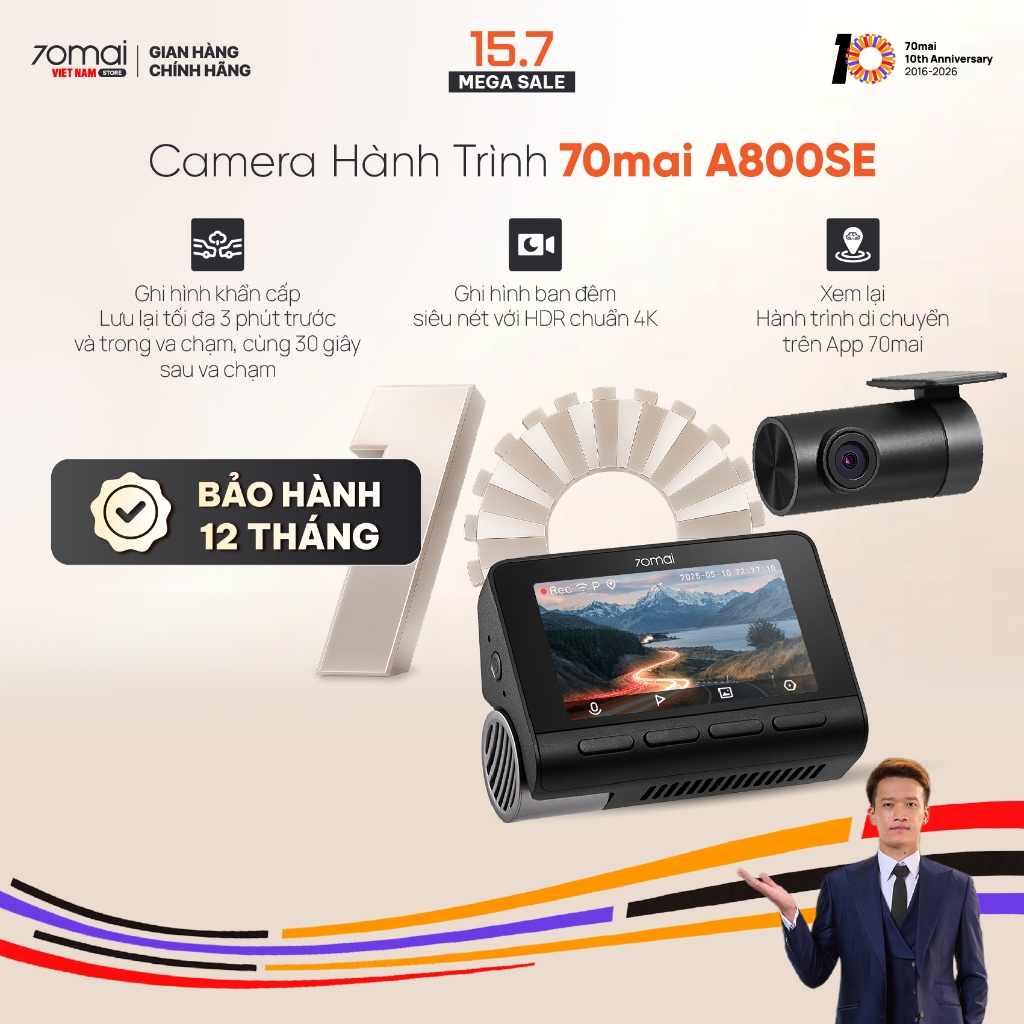 Camera hành trình 70mai A800SE độ phân giải 4K, cam trước sau, Chế độ HDR, Phiên Bản Quốc Tế