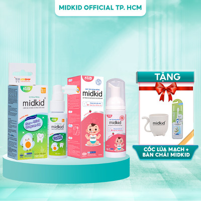 Combo Xịt chống sâu răng Midkid vị nho 30ml + Bọt tâp đánh răng vị dâu 60ml dùng cho bé từ 1 tuổi
