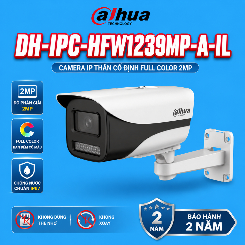 Camera IP Dahua DH-IPC-HFW1239MP-A-IL 2MP Full HD, Mic, Full Color ban đêm, IP67 bền bỉ