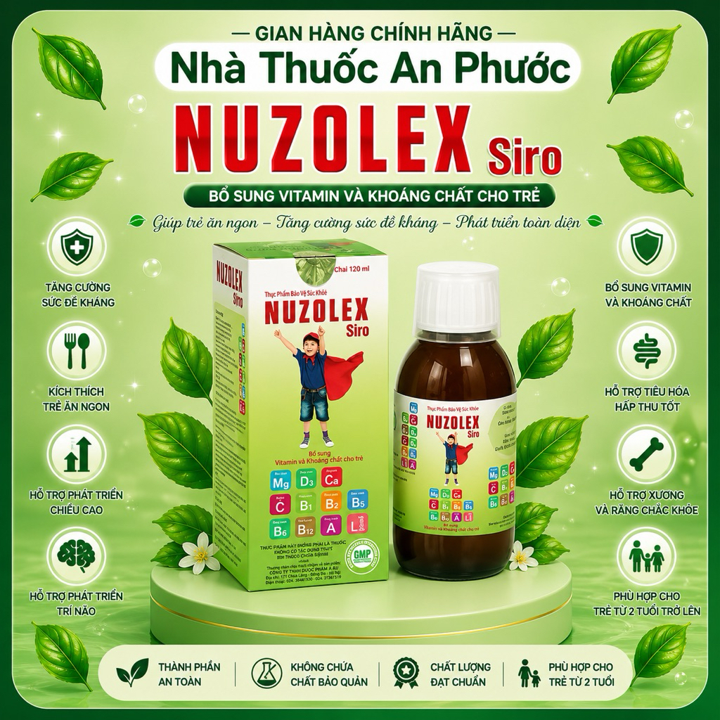 Siro Ăn Ngon Nuzolex 120ml giúp trẻ ăn ngon miệng hơn, hỗ trợ tiêu hóa và tăng cường sức đề kháng.