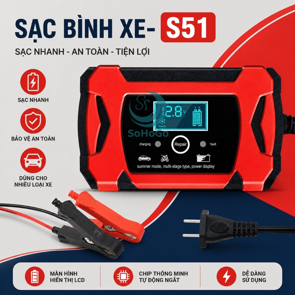 Sạc bình acquy xe máy 12V - 100ah, bộ sạc bình acquy cho xe máy đến ô tô tự động ngắt khi đầy