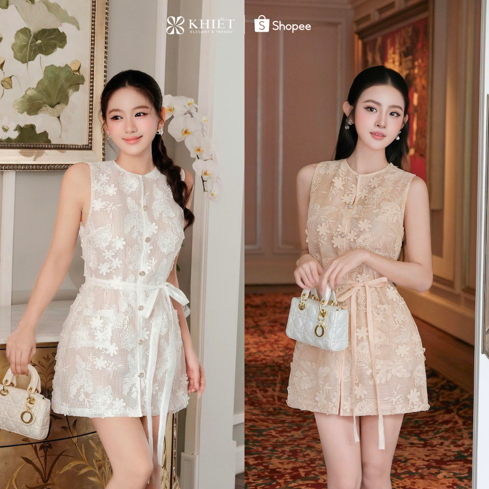 Set đầm ngắn sát nách ren hoa 3D Khiết Style phối quần lụa ngắn bên trong & dây rời, phong cách tiệc