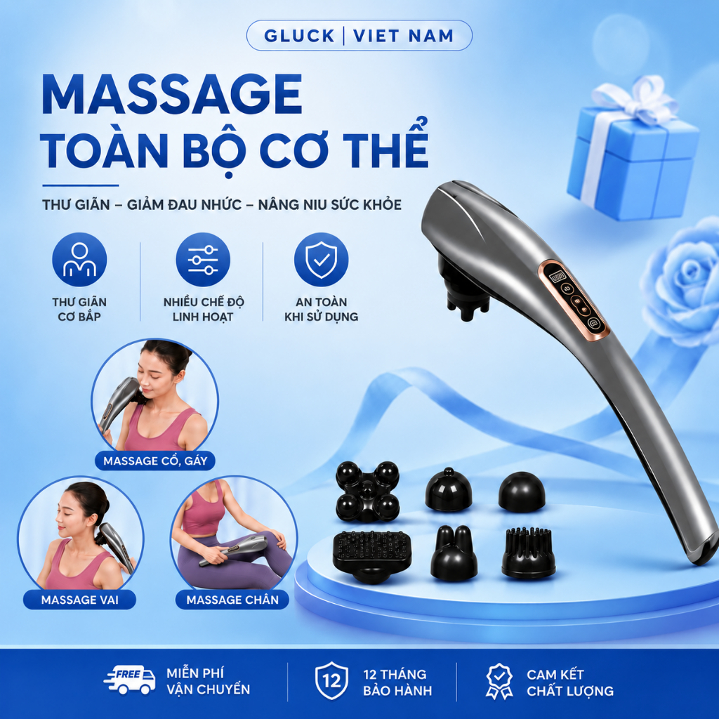 Máy Massage Cầm Tay Đa Năng GLUCK GC-1706 Mát Xa Chuyên Sâu Cổ Vai Gáy Lưng Toàn Thân Giảm Đau Mỏi
