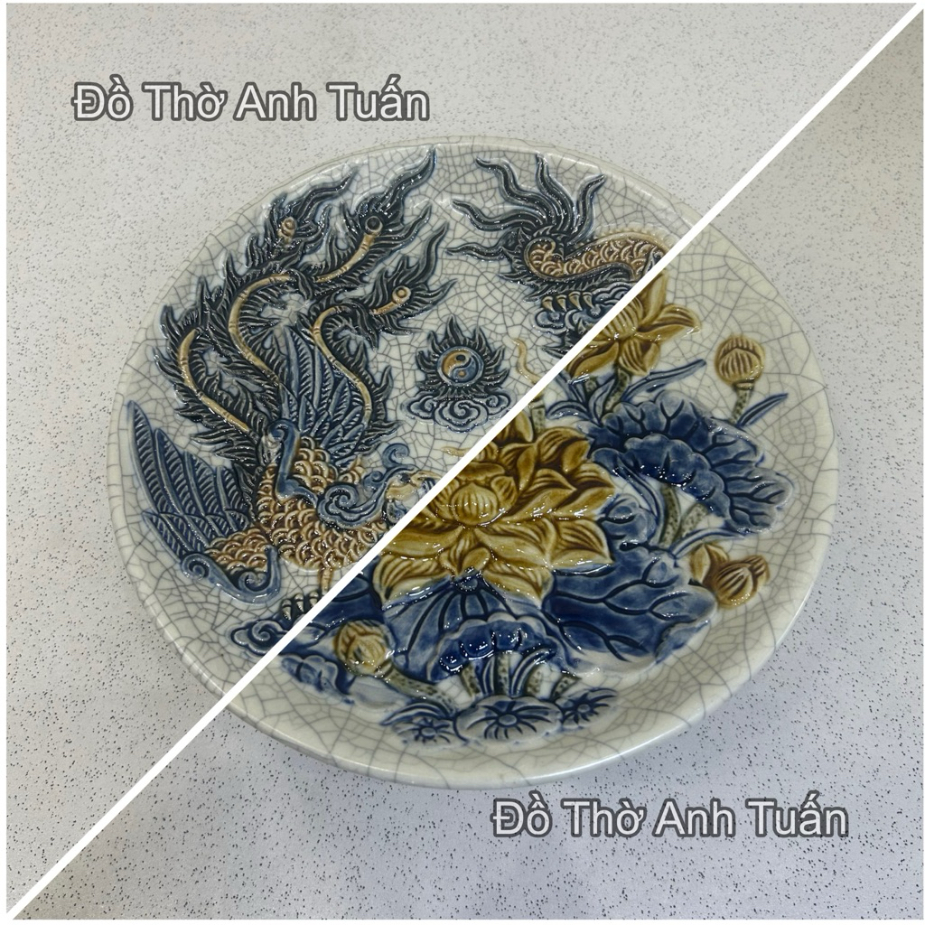 Mâm bồng men rạn đắp nổi bát tràng cao cấp, mâm bồng hoạ tiết rồng phượng, mâm bồng hoạ tiết hoa sen