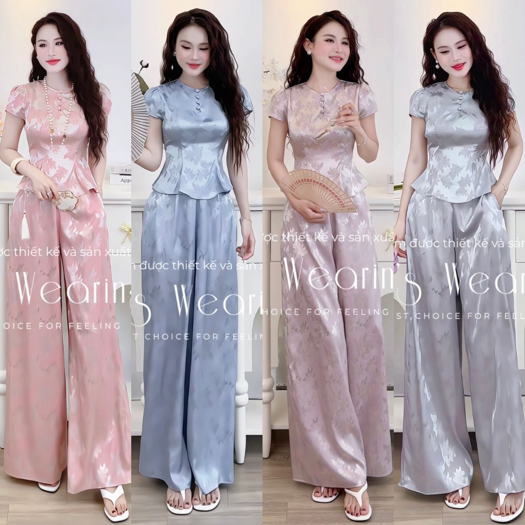 Sét Gấm Hai Da LEOSWEARING Áo Peplum Cổ Tròn Đính Cúc Kèm Quần Suông Dài G613 G709