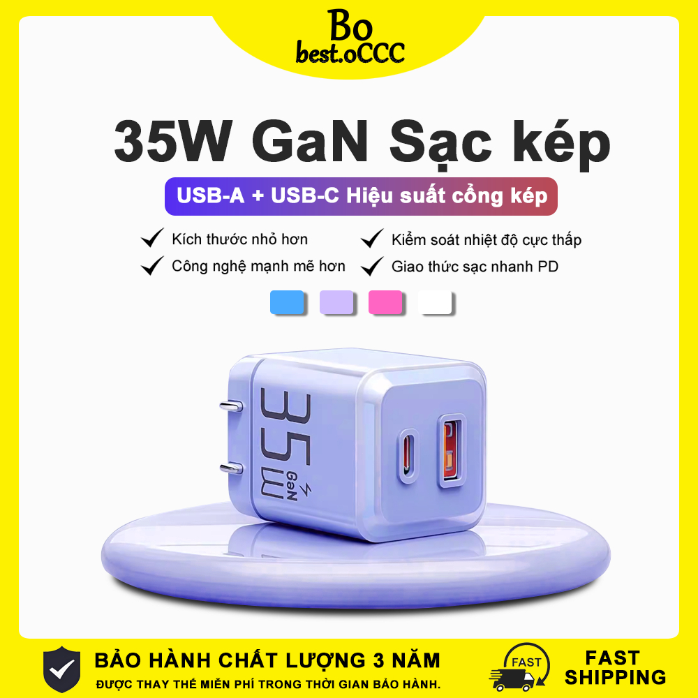 ★PD GaN 35W Củ sạc nhanh USB+Type-C★ Bảo vệ bộ sạc 2 cổng Chấu cắm gập gọn, Sạc PD/QC/PPS/FCP/AFC, 5