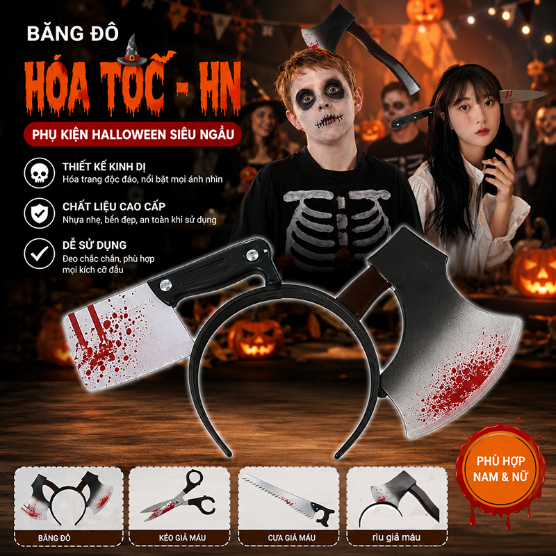 🔥🔥(Halloween), Bờm, Băng Đô Ngộ Nghĩnh Hoá Trang Halloween, Hình Kéo, Cưa, Búa GIẢ