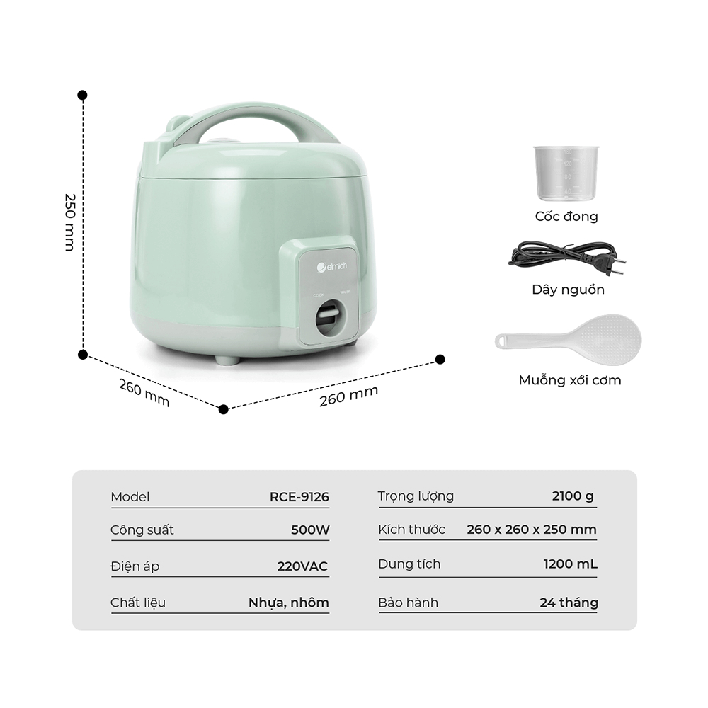 Nồi cơm điện Elmich 1.2L RCE-9126 công suất 500w,lòng nồi nhôm dày 1.2mm phủ chống dính bảo hành 2 n