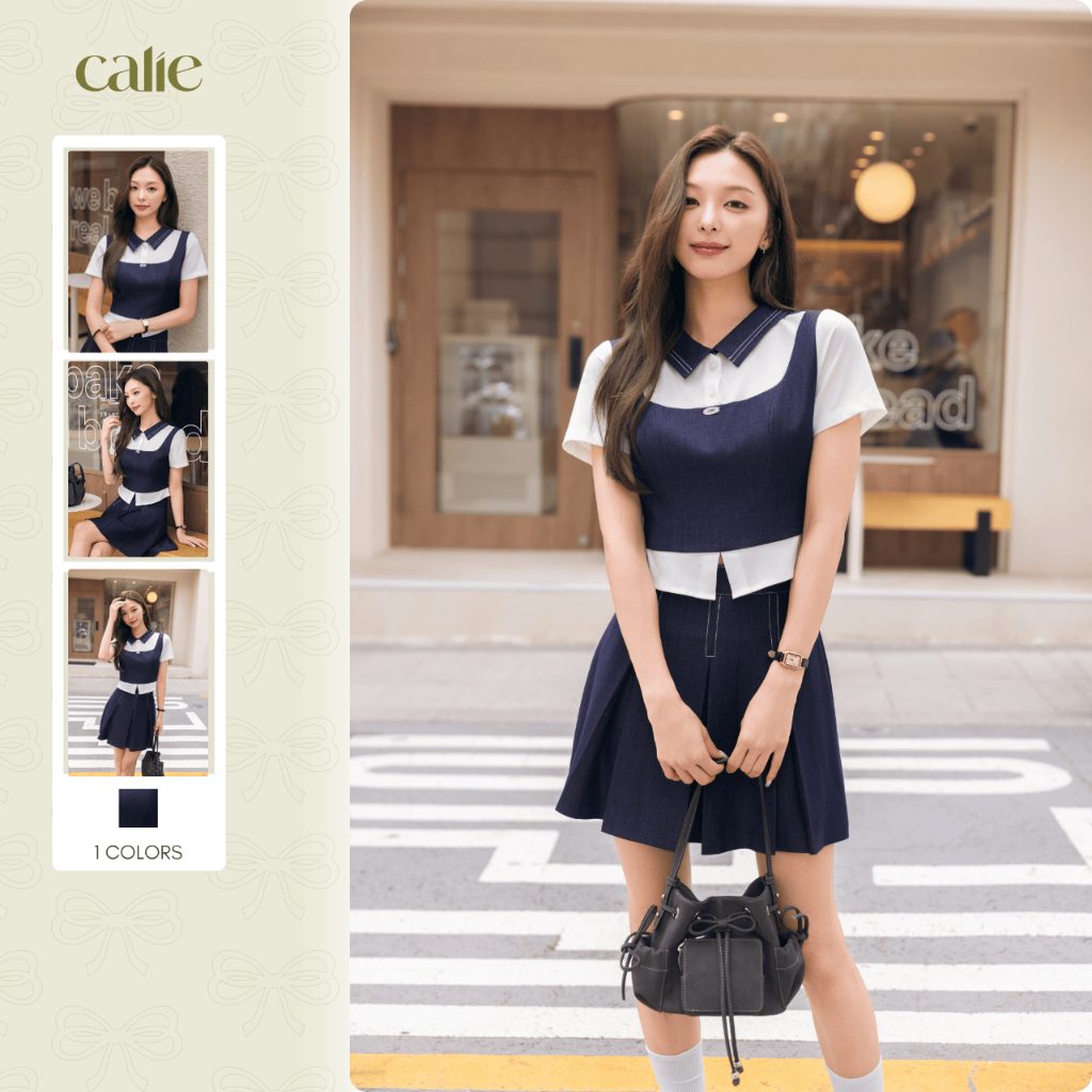 (City In Motion) Áo Sơ Mi Denim Nữ Phối Đáp Cổ Tay Ngắn Thời Trang Cao Cấp Calie ACC651 - CA173
