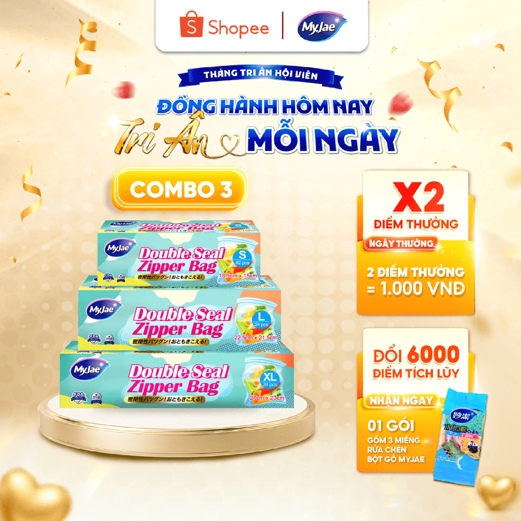 [DAILY LIVE T7] Túi zip đựng thực phẩm hai đường kéo PE MyJae, đáy đứng trong suốt, bảo quản thực ph
