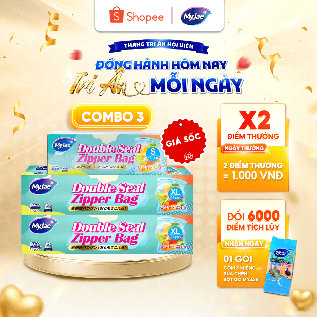 Combo 3 HỘP SIZE 2XL+1S Túi Zip PE Trong Suốt 2 Đường Kéo MyJae, Túi Bọc Đồ Ăn