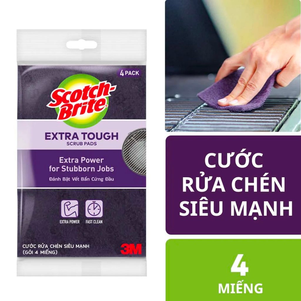 Túi 4 miếng cọ rửa đa năng 3M Scotch Brite™ 7447 siêu mạnh - Size 100mm x 150mm | Chính hãng 3M