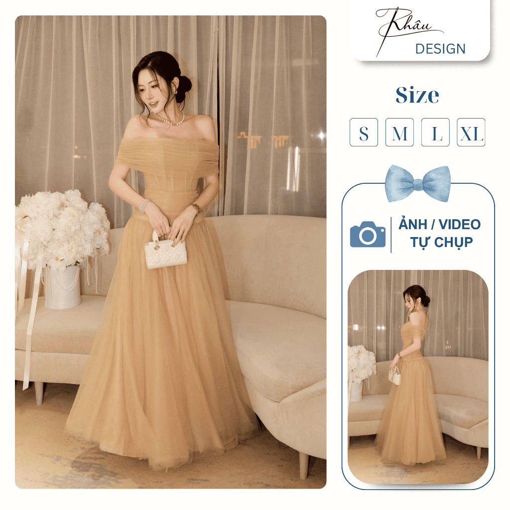 Đầm thiết kế KHÂU Design trễ vai voan lưới nude sang chảnh K758