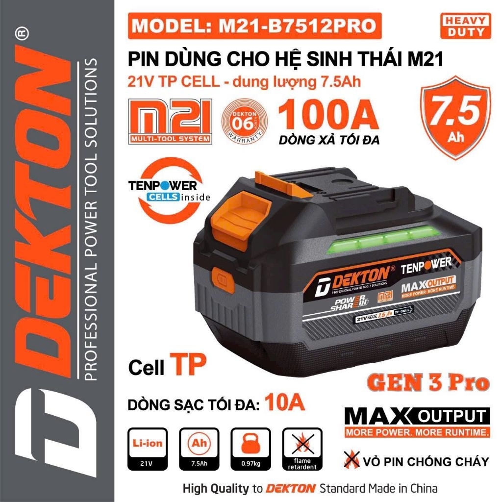 Dekton 21V 7.5Ah M21-B7512PRO chân phổ thồng dòng xã 100A -15cell