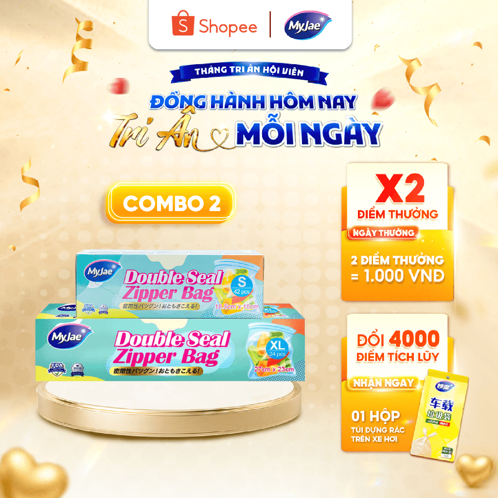 Combo 2 size S+XL Túi Zip PE Trong Suốt 2 Đường Kéo MyJae, Túi Bọc Đồ Ăn, Bảo Quản Tủ Lạnh