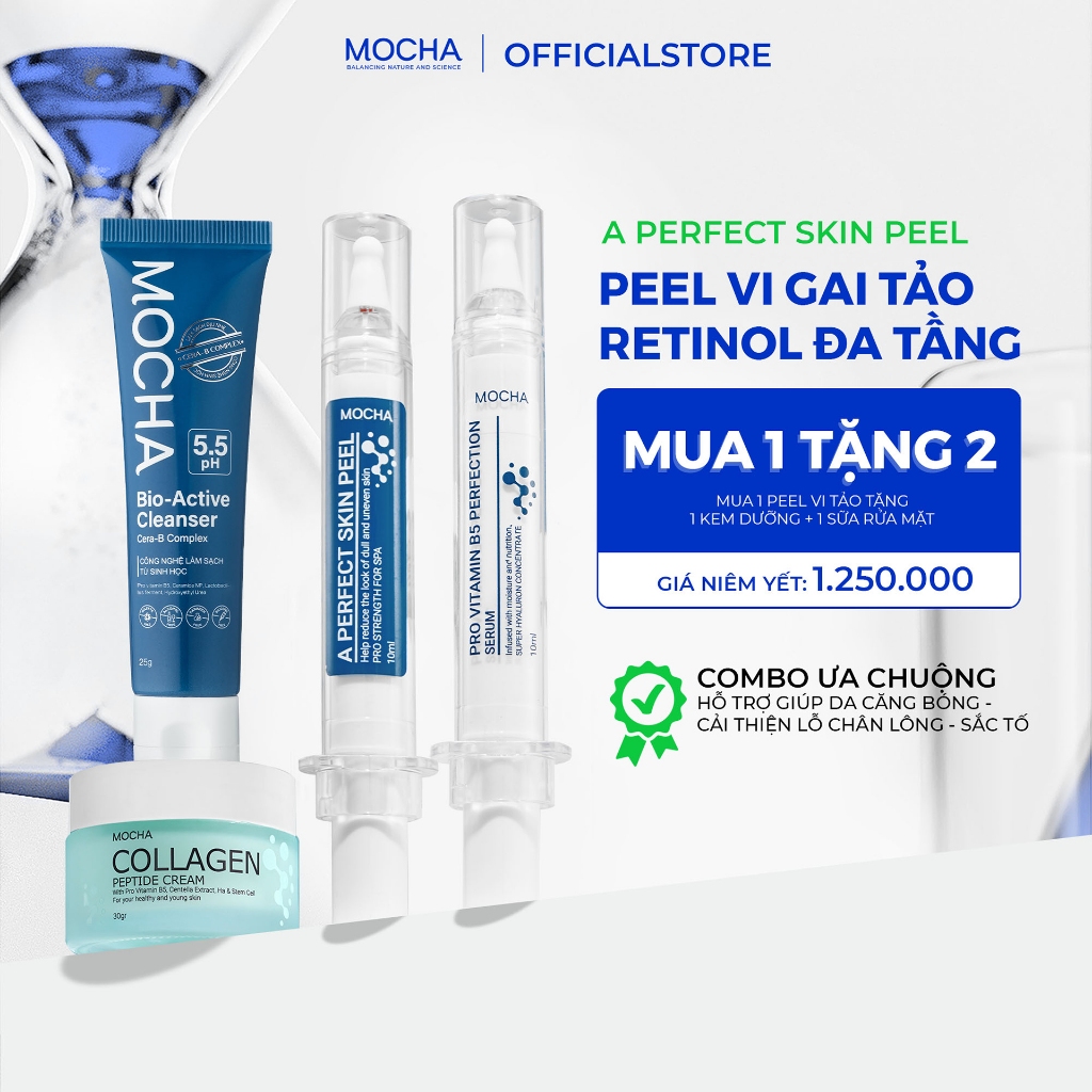 PEEL MIX RETINOL MOCHA mua 1 được 4 gồm: ống peel da, ống tinh chất b5, dưỡng collagen, srm b5, Làm 