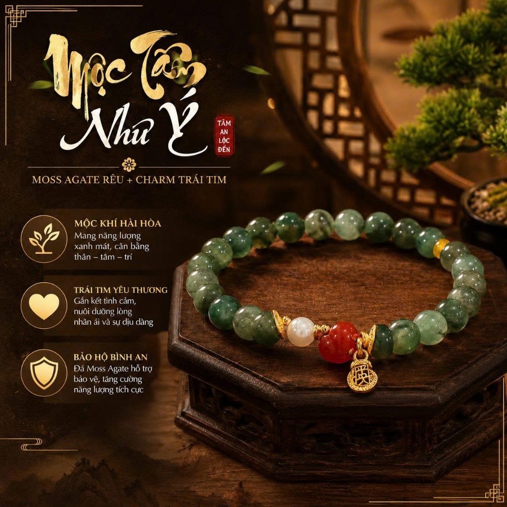 Vòng Tay Moss Agate Rêu Charm Trái Tim  - MỘC TÂM NHƯ Ý