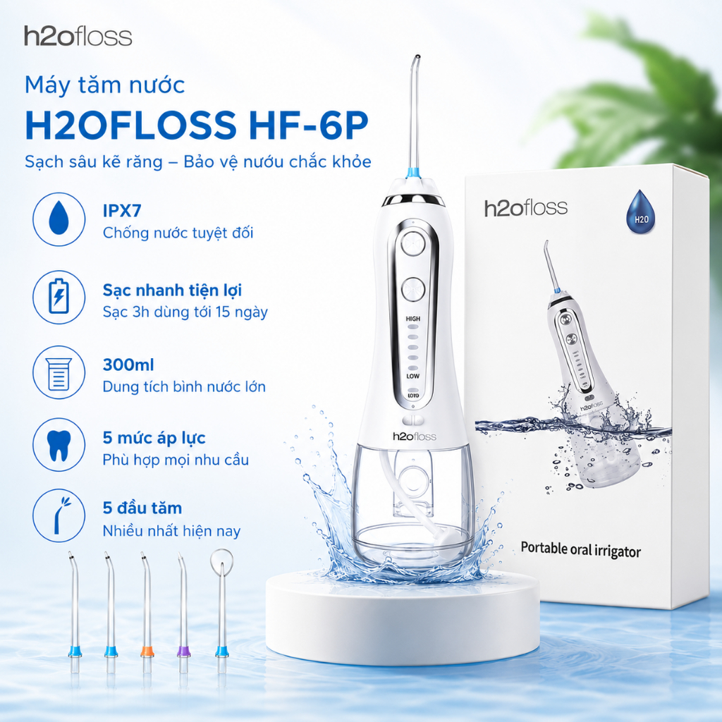 Máy Tăm Nước Cầm Tay H2OFLOSS HF-6P Chính Hãng | 5 Chế Độ Áp Lực, Chống Nước IPX7, Bảo Hành 12 Tháng
