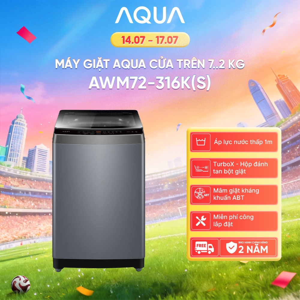 [DEAL XỊN THÁNG 7] Máy giặt Aqua 7.2 kg AWM72-316K(S) - Bảo hành 2 năm - Freeship - Có đồng kiểm