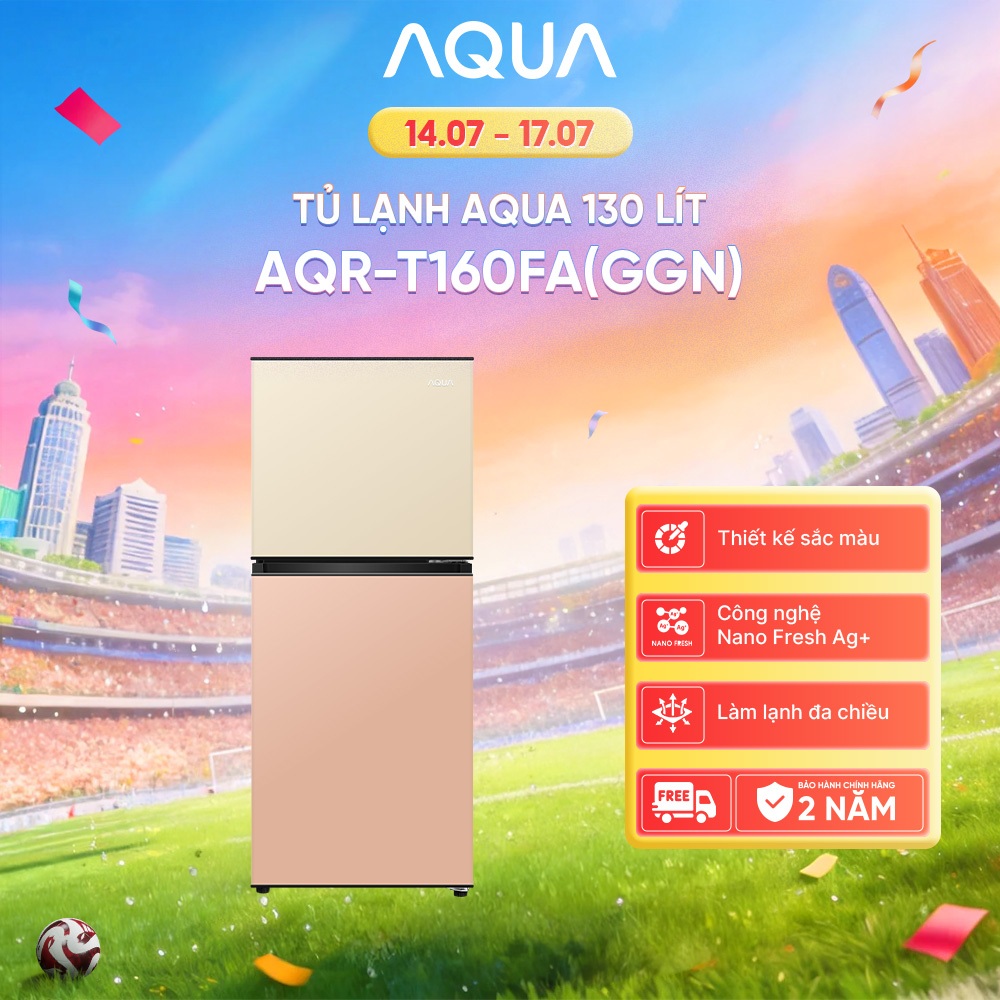 [DEAL XỊN THÁNG 7] Tủ lạnh AQUA 130 lít ngăn đá trên AQR-T160FA(GGN) - Màu Be hồng - Freeship toàn q