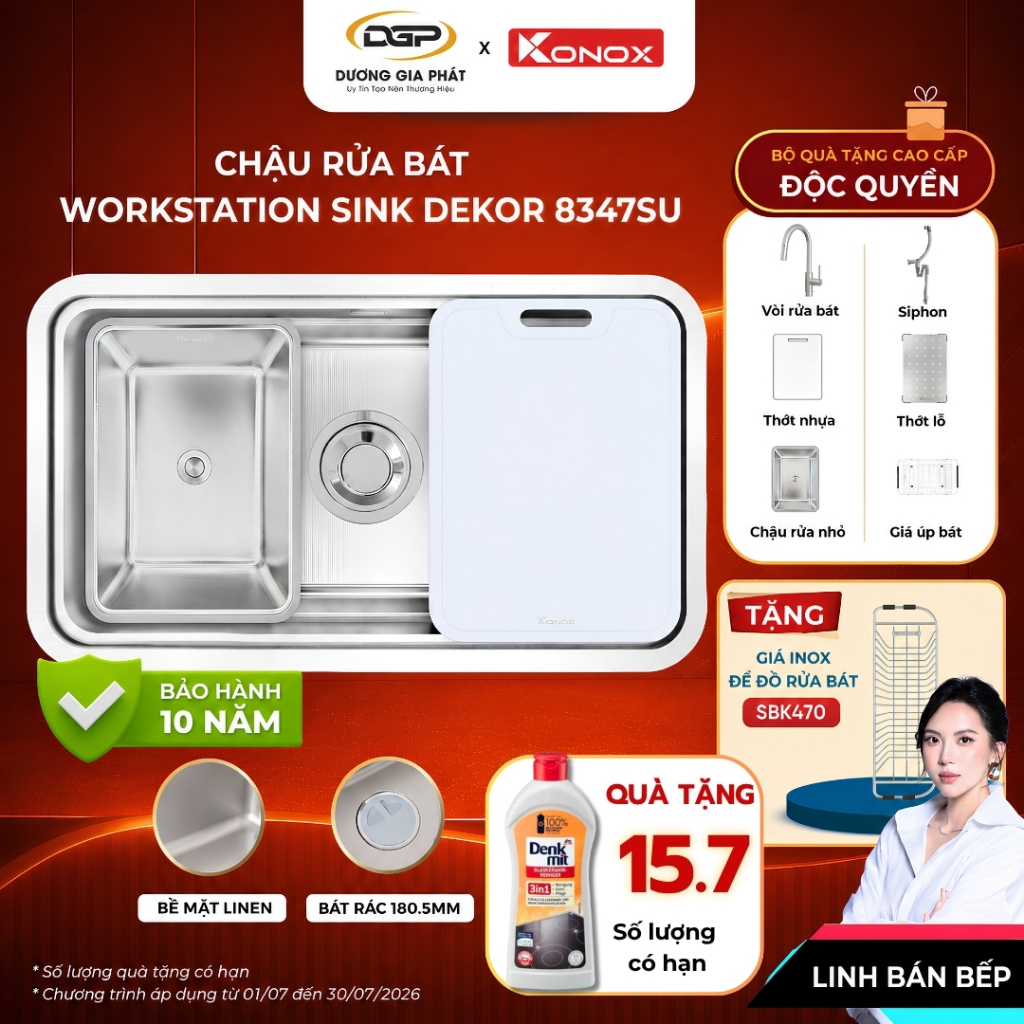 [CHÍNH HÃNG][TẶNG VÒI] Chậu Rửa Bát 1 Hố Konox Dekor 8347SU Hạ Bậc Bề Mặt Dập Hạt Chống Xước Inox - 