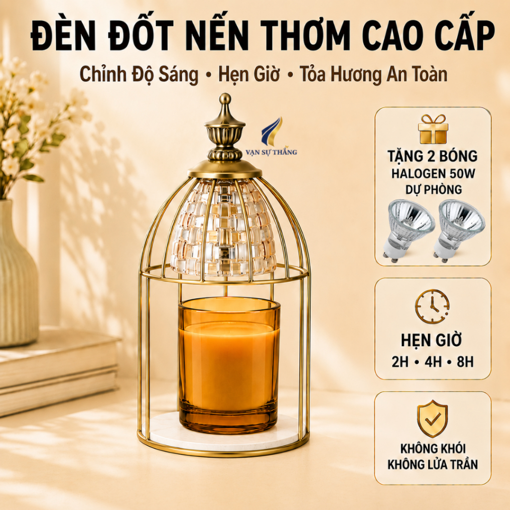 Đèn Hâm Nến Thơm Pha Lê LS-005, Chỉnh Sáng, Hẹn Giờ 2H/4H/8H, Decor Phòng Ngủ
