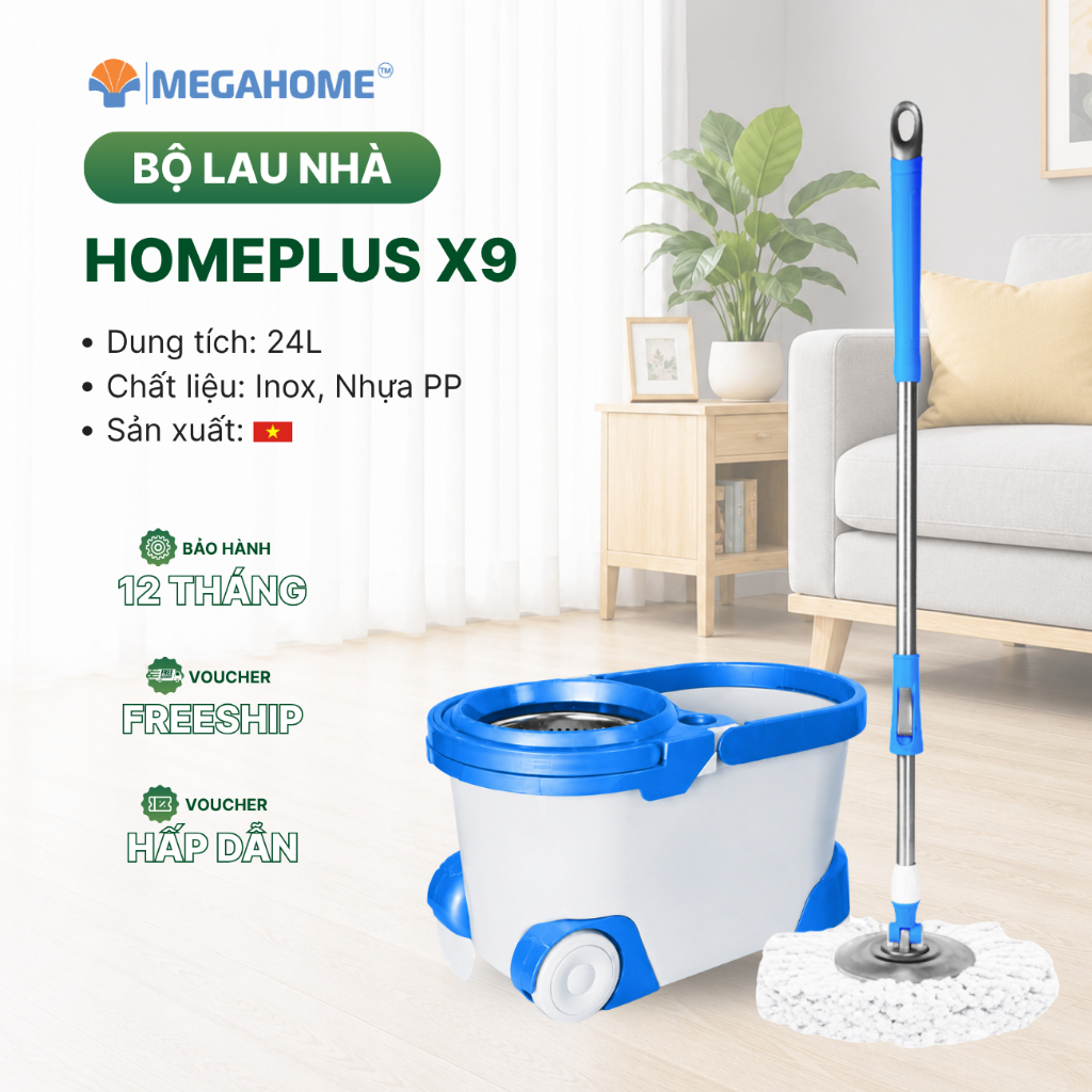 [Tặng 1 bông] Bộ lau nhà Homeplus X9 dung tích 24l, lồng vắt inox, mâm inox, chính hãng Megahome