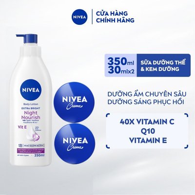 Bộ 3 Kem Dưỡng Ẩm NIVEA Crème 30ml và Sữa Dưỡng Thể NIVEA Dưỡng Sáng Và Nuôi Dưỡng Da Ban Đêm (350ml) – 80101x2+98412
